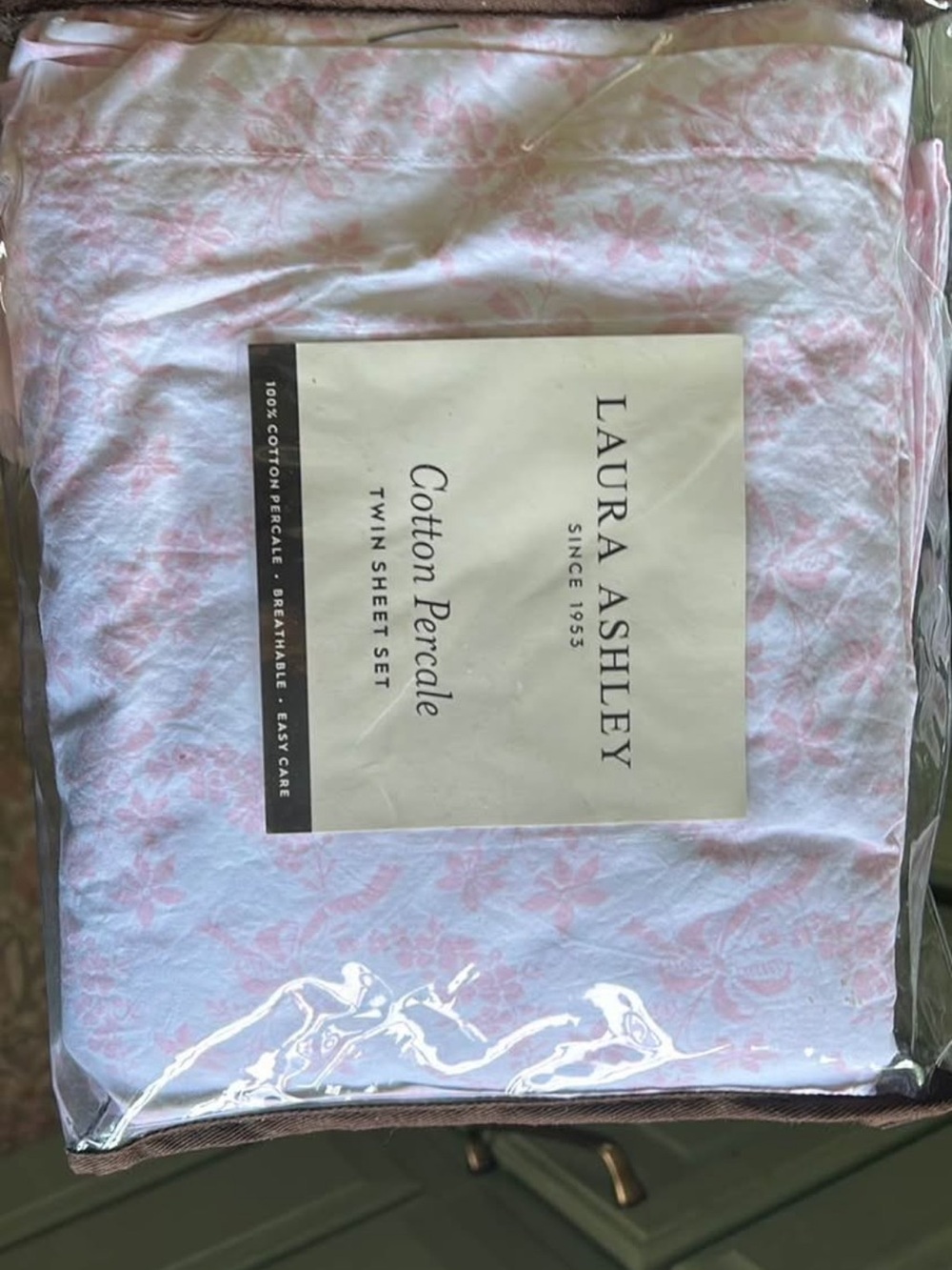 Laura Ashley White and Pink Floral Cotton Percale Twin Sheet Set